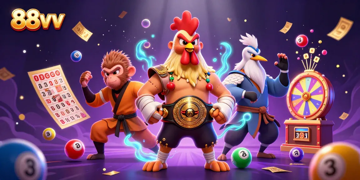 Spin to win with 88vv in this vibrant lottery-themed 3D scene featuring animated characters.